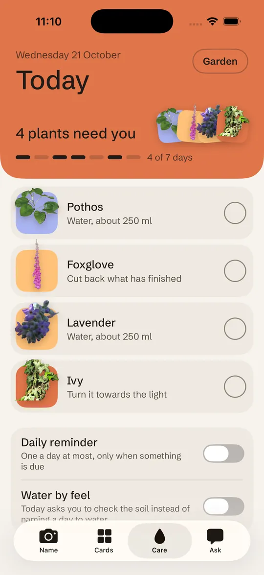 The Today screen with four plants that need care